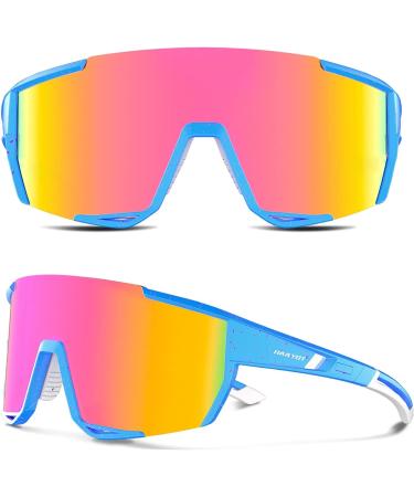 HAAYOT Polarized Cycling Sunglasses for Men Women - Baseball Style Sport Glasses with 1 or 5 Lenses, Ideal for Fishing, Driving, Running - Dots Ice Blue Frame & Pink Lens - Buy Online on GoSupps.com