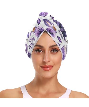 Purple Cat Feather Hair Towel 2 Pack Super Absorbent Hair Drying Towel Quick Dry Hair Turbans Head Towel with Button Twisty Wrap for Women Girls