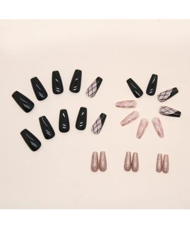Justotry 24 Pcs Tartan False Nails Long Black French Press on Nails with Gold Swirl Ballerina Design - Acrylic Coffin Fake Nails Medium with Glue for Women's Nail Art - Buy Online on GoSupps.com