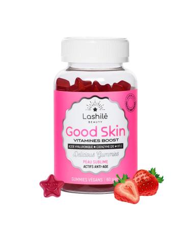 Lashil Beauty - Good Skin - Food Supplements - Anti aging and anti-wrinkle - Proven efficacy - Made in France- Vitamin C Vitamin E Hyaluronic Acid Q10-60 Gummies