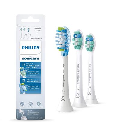 Philips Sonicare Genuine Toothbrush Head Variety Pack, C3 Premium Plaque Control and C2 Optimal Plaque Control, 3 Brush Heads, White, HX9023/6 3 Count (Pack of 1)