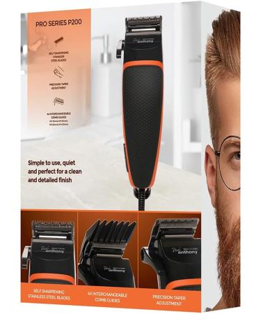 Paul Anthony 'Pro Series P200' Corded Hair Clipper - Lightweight - Self Sharpening Stainless Steel Blades - 4X Comb Guides - Precision Taper - Powerful Quiet Motor - Black/Orange - H5124 - Buy Online on GoSupps.com