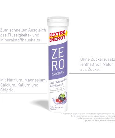 Dextro Energy Zero Calories Berry - 12x20 Effervescent Tablets | Sugar-Free Vegan Electrolyte Supplement for Workout | Sodium Magnesium Calcium & Potassium - 12 Pack - Buy Online on GoSupps.com