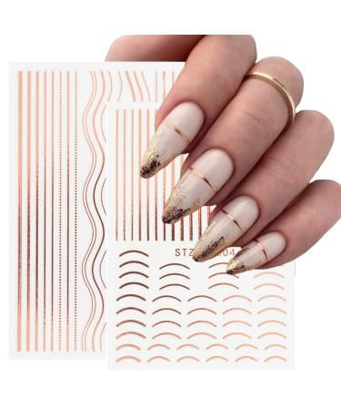 3D Rose Gold Metal Nail Stickers - Self-Adhesive Nail Art Decals for DIY Manicure | 8 Sheets of Stripe Lines & French Tips - Buy Online on GoSupps.com
