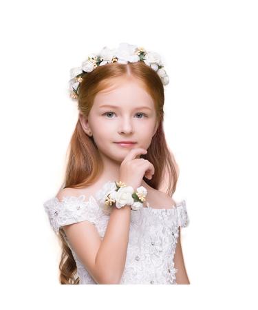 DDazzling Girls Flower Berries Crown Headband Floral Crown with Floral Wrist Band for Wedding Festivals (White)