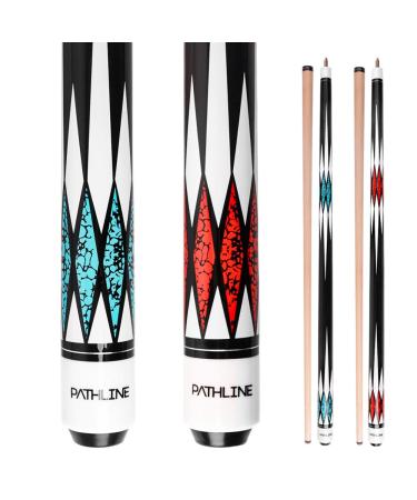 Pathline PLN Set of 2 Pool Cues - 58 inch Canadian Maple Billiard Pool Sticks with 13mm Leather Tip Blue & Red 20oz21oz