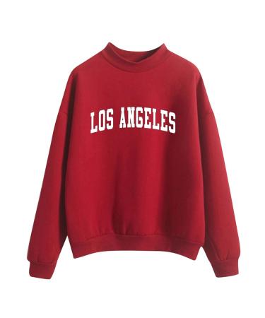 Los Angeles Letter Sweatshirts For Women Turtleneck Pullover Teengirls Casual Long Sleeve Fleece Tops Loose Fit Blouse 01-red Small