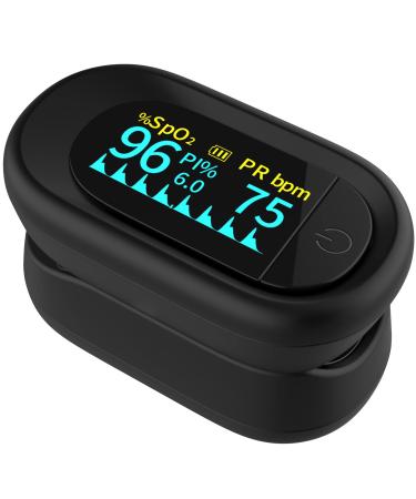 Pulse oximeter, blood oxygen meter finger (SpO2) with Plethysmograph and Perfusion Index, portable OLED color display and battery included.