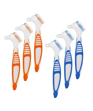 6 Pieces Denture Toothbrush Cleaning Brush Double Head Denture Cleaning Brush with Soft Plastic Rubber Handle False Teeth Cleaning Brush Set for 3 Blue and 3 Orange Blue and Orange