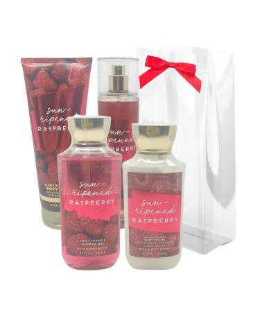 Bath & Body Works SUN-RIPENED RASPBERRY Deluxe Gift Set with a Red Bow for Holidays & Gifts - Shower Gel Mist Body Cream & Body Lotion - Full Size