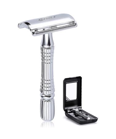 BAILI Classic 3-Piece Double Edge Safety Razor Wet Shaving for Men Women with Platinum Blade and Mirrored Travel Case BD176 Silver