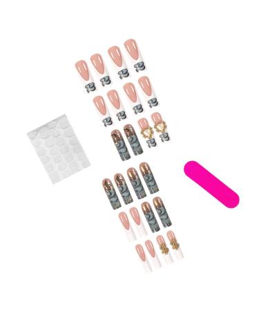 Buy French Tip Press on Nails - Long Square Pink Acrylic Nails with 5D Heart Rhinestones & Gold Dollar Charms - 24Pcs Artificial Stick on Nails for Women - Buy Online on GoSupps.com