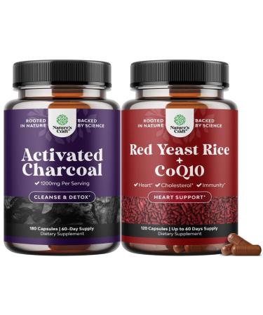 Bundle of Activated Charcoal Pills Detox & Cleanse - Purifying Coconut Capsules with 1200 mg Per Serving for Bloating Relief and Red Yeast Rice with CoQ10 - Advanced Healthy Heart & Cholesterol Levels