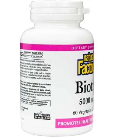 Natural Factors Biotin 5000 mcg - 60 Vegetarian Capsules for Healthy Hair, Skin & Nails - Buy Online on GoSupps.com