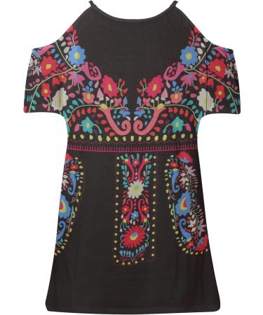 Womens Summer Cold Shoulder Top: Aztec Print Ethnic Style Graphic Tee, Black, X-Large - Buy Online on GoSupps.com