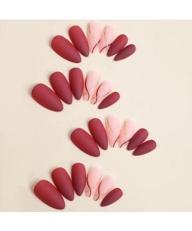24 Pcs Short Almond Press on Nails - Solid Burgundy Medium Fake Nails with Gold Glitter Stripe | Reusable Acrylic False Nails Kit for Women | Nail Glue & Mini Nail File Included - Buy Online on GoSupps.com