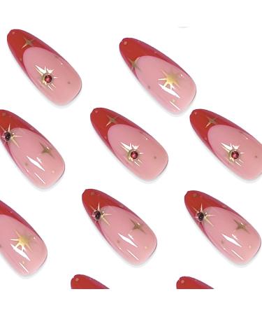 Buy BABALAL Medium Almond French Tip Press on Nails - 24pcs Red Rhinestone Acrylic Glossy Stiletto - International Shipping Available - Buy Online on GoSupps.com