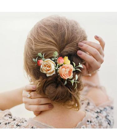 Fangsen Boho Silver Wedding Rose Flower Comb Festival Headpiecer Floral Headpiece for Brides(orange)(2)