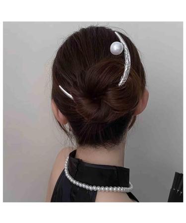 Aneneiceera Vintage Moon Hair Stick Pins Moon Pearl Hair Fork Metal Long Hair Pin Clips Silver Hair Bun Pearl Hair Holder Stick Minimalist Hair Accessories