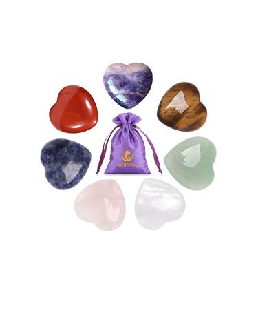 7 Chakra Healing Crystal Natural Heart Stones Set Crystals and Gemstones Healing Reiki Puff Heart Pocket Palm Stone for Stress Relief Chakra Balancing Home Decoration Yoga (7PCS)
