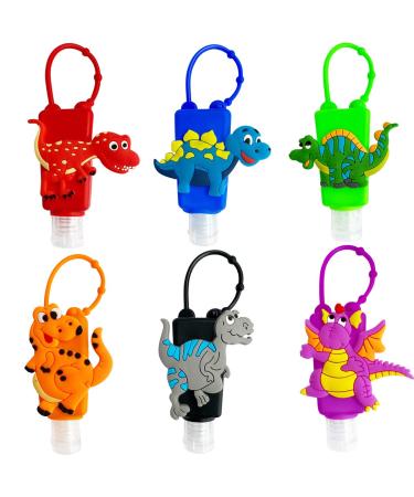 VHOPMORE 6Pcs Travel Size Kids Empty Hand Sanitizer Bottles with Keychain Holder Detachable Silicone Protective Case 30ml Plastic Travel Bottles Leak Proof Refillable Containers - Dinosaur