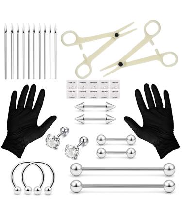 Piercing Kit - WZPB 34pcs Body Piercing Kit Professional Ear Nose Piercing Kit with Piercing Jewelry 14G 16G Piercing Needles Clamps for Nose Lip Eyebrow Ear Piercing 24 Piece Set