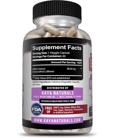 Kaya Naturals Saffron Supplement Capsules - 100% Pure Extract for Energy & Mood Boost | Eye & Heart Health Support - 60 Count - Buy Online on GoSupps.com