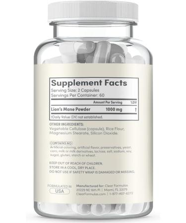 ClearFormulas Lions Mane Mushroom Capsules - Non GMO, Gluten Free (120 Capsules) - Buy Online on GoSupps.com