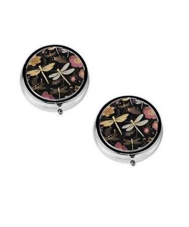 Dragonflies Grey Printed Mini Round Pill Box Pill Box 3 Compartment Medicine Pill Case Pill Organizer Travel Pillbox Portable Pill Box for Pocket Home Office Use
