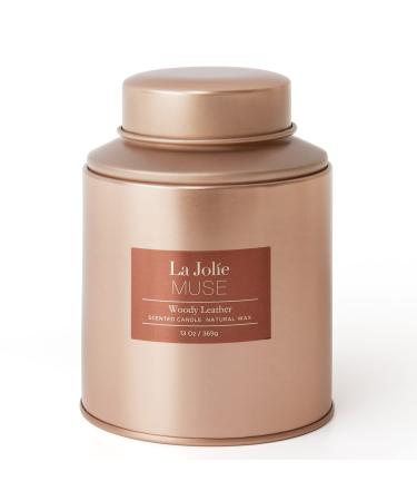 LA JOLIE MUSE Woody Leather Scented Candle for Men Women, Natural Wax Candle for Home Scented, 100 Hours Long Burning, Holiday Candle, Tin, 13 oz Woody Leather Large Size