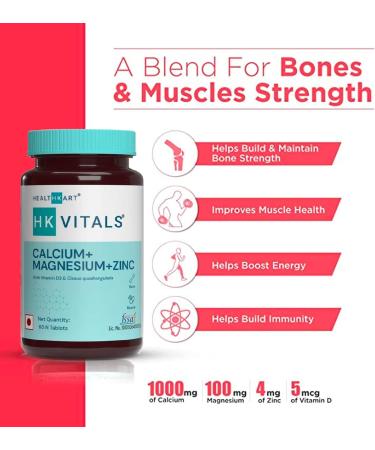 Health K Calcium Magnesium & Zinc Tablets with Vitamin D3 - 60 Count - Bone and Joint Support Supplement for Men and Women - Buy Online on GoSupps.com