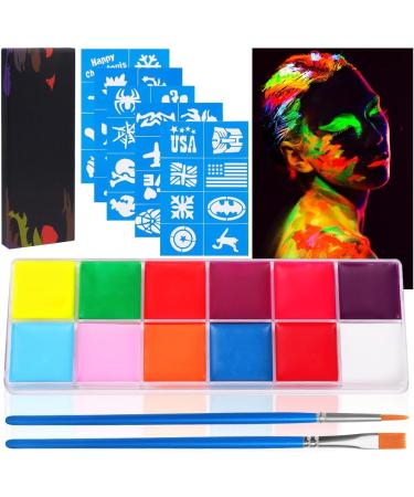 URAQT Neon UV Glow Face Paint Kit - 12 Colors, 2 Brushes, 40 Stencils - Safe Oil Based Makeup for Adults & Kids - Perfect for Parties & Carnivals - Buy Online on GoSupps.com
