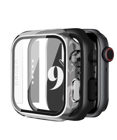 2 Pack Hard PC Case Compatible with Apple Watch Series 7 41mm with Tempered Glass Screen Protector, Full Coverage, Touch Sensitive, Ultra-Thin HD Bumper Protective Cover - Black+Clear