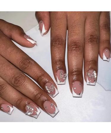 Short Press on Nails with Butterfly Charms - White French Acrylic Square Shape | Cute 24Pcs Stick-On Nails for Women - Buy Online on GoSupps.com
