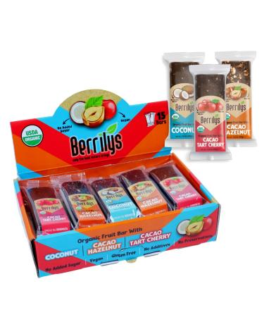Berrilys Organic Energy Bar Variety Pack, 1.6oz x 15 Bars, USDA Organic Certified Date, Hazelnuts, Tart Cherries, Coconut, No Pesticides, No Additives, No Preservatives, Non-GMO, Perfect for Snacking at School and at Work