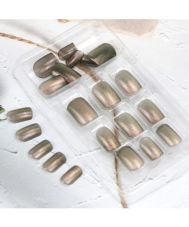 Cat Eye Gold Press-On Short Gel Nails - Glitter Reflective False Nails for Acrylic - 24pcs Full Cover Artificial Nails with Glue - Buy Online on GoSupps.com