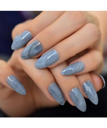Sttiafay Medium Long Stiletto Almond Press on Nail False Ballerina Glossy Gradient Grey False Nails Tips Artificial Finger Manicure for Women and Girls Blue