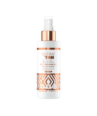 Skinny Tan Tan & Tone Self Tan Oil - Streak Free Natural Looking Fake Tan with Coconut Oil Enriched with Guarana Extract to Tone & Firm Skin Cruelty-Free & Vegan - Medium 145ml