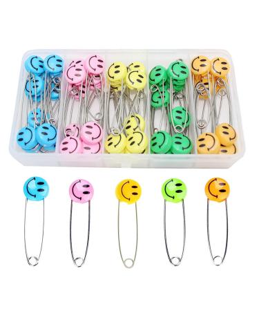 ARTCXC 1Box(50Pcs) 55mm/ 2.2 Inch Safety Pins Smiling Face Plastic Head Stainless Steel Diaper Pins Safety Locking Cloth Diaper Nappy Pins #2(50pcs)