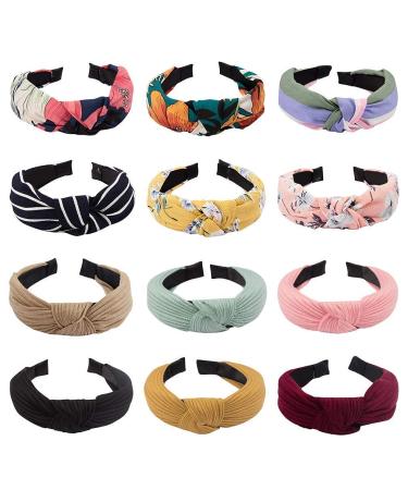 ACO-UINT 12 Pack Headbands for Women Non-slip Knotted Headbands for Daily Wear Fashion Headbands with Soft Material Fabric Headbands Diademas Bow Headbands for Ladies and Girls Pattern A