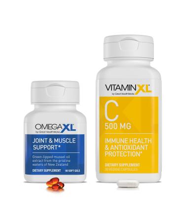 OmegaXL Joint Support Supplement, Natural Muscle Support (60 Softgels) & VitaminXL Vitamin C Supplement for Antioxidant Support, Helps Immune Health and Collagen Production (30 Vegan Capsules)