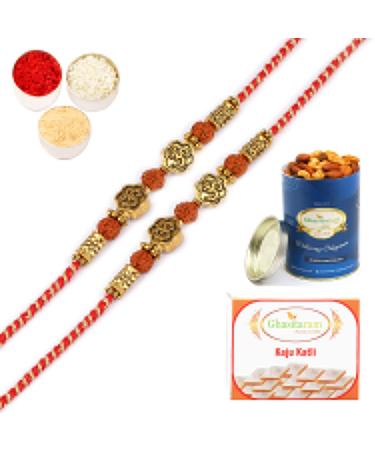 Ghasitaram Gifts Rakhi for Brother Rakhis Online -Set of 2 - LD-5602 Om Rudraksh Rakhi with 100 GMS of Dryfruits Mix Can 200 GMS of Kaju katli 2 Rakhi & 100g Dryfruits Mix Can 200g Kaju katli