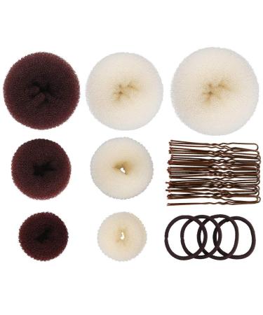 7 Pcs Hair Bun Maker set Hair Donut Bun Hair Styling Hair Accessory with 20 Hair Clip and 4 Hair Elastic Band Hair Bun Shaper Ring Style for Kids Women Girls (Beige and Dark Brown)