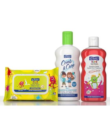 Dr. Fischer Kids Bubble Bath  Hand and Face Wipes  Comb & Care 2-in-1 Shampoo and Conditioner - Soap-Free Bubble Bath  One-Step Hair Cleanser  Alcohol-Free Cleansing Wipes - Kids Bath Time & Wipes Kit