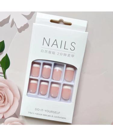 24 Pcs Short Pink Square French Tip Press on Nails - Glossy False Nails with Designs for Women - Buy Online on GoSupps.com