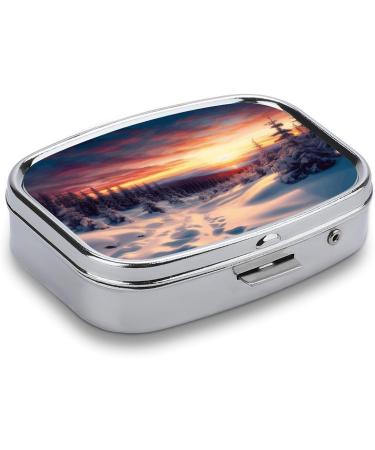 Winter Snow Sunset Pill Box 2 Compartment Metal Organizer for Medicine | Portable Decorative Pill Case for Pocket & Purse - Buy Online on GoSupps.com