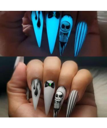 24 Pcs Halloween Press on Nails White Fake Nails Long Stiletto Full Cover Nightmare Before Christmas Nails Luminous False Nails with Cute Ghost Designs Glue on Nails Matte Artificial Nails for Women Girls Style 24