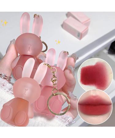 3 Colors Cute Rabbit Matte Liquid Lipstick set Velvet Lip Glaze 2 in 1 Key Chain Lip Gloss Lip Stain Waterproof Long Lasting Non-Stick Cup Lip Clay Cute Lip Makeup for Girls