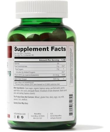 NatureWise Apple Cider Vinegar Gummies - 500mg Vegan ACV with Vitamin B12 for Energy & Gut Health - 60 Count - Apple-Pineapple Flavor - Buy Online on GoSupps.com