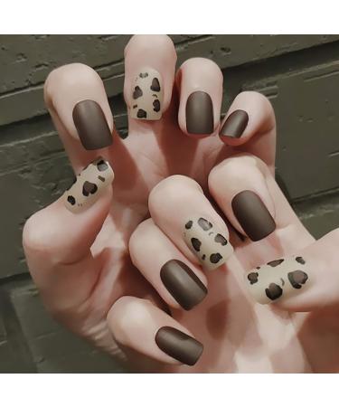 Sethexy matt false fingernails short square leopard pattern brown complete cover acrylic you press false nail tips for women and girls